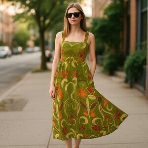 NWOT ZARA  WOMAN ZW COLLECTION PRINTED MIDI DRESS GREEN | 2183/010